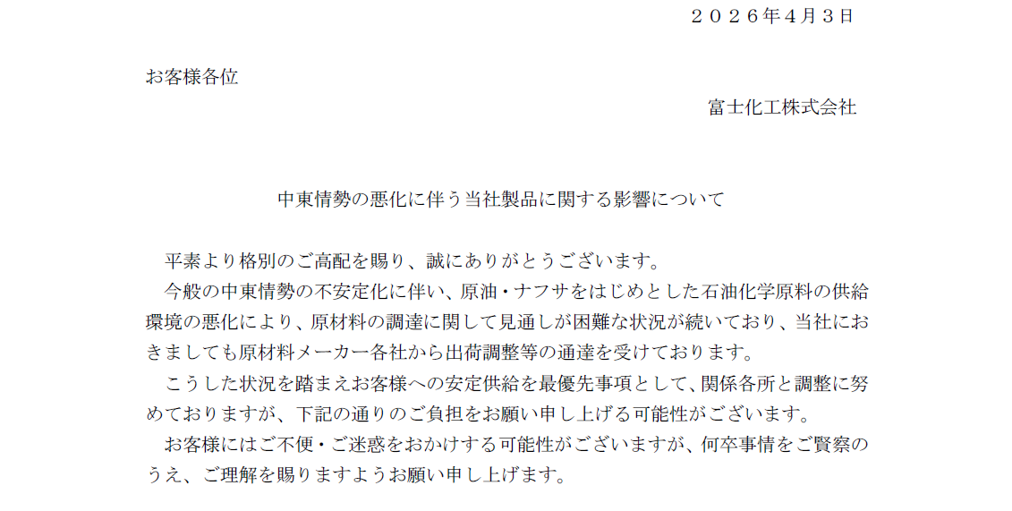 中東情勢の悪化に伴う当社製品に関する影響について